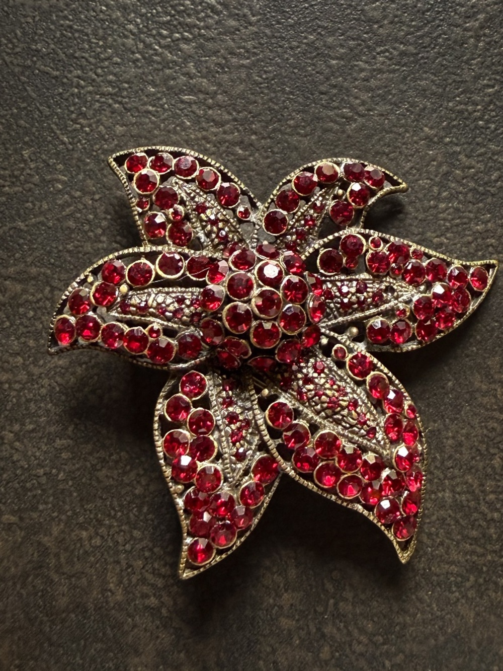Ruby Rhinestone Poinsettia Flower Brooch Costume Jewelry